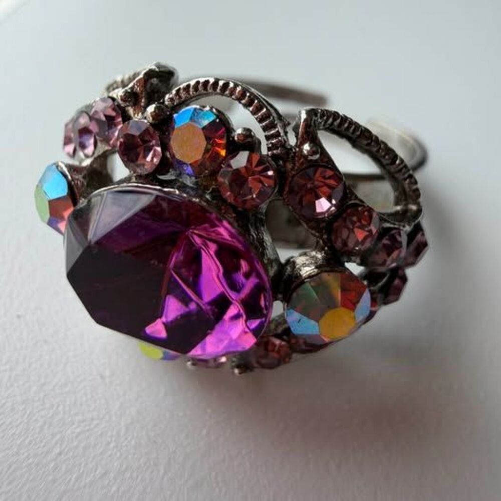 Purple & Aurora Borealis Crystal Rhinestone Cocktail Ring – Adjustable
